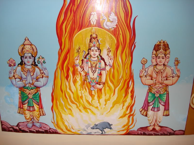 Vishnu and Brahma made salutations to Shiva and offered him a seat. The Pillar of fire is Bhagwan Shiv.