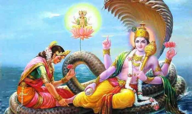 bhagwan vishnu on sheshnaag snake with laxmi devi
