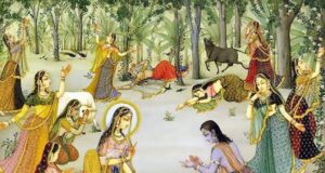 bhagwan krishna with shri radha in Vrindavan painting style image
