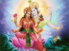lakshmi ji and vishnu ji sitting on on lotus flower