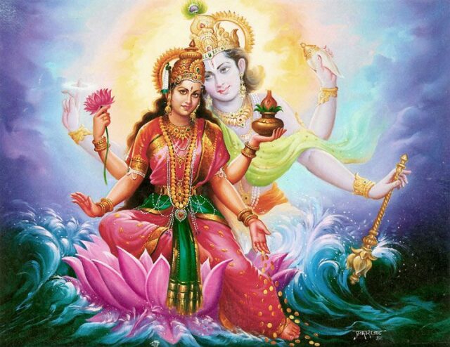 lakshmi ji and vishnu ji sitting on on lotus flower